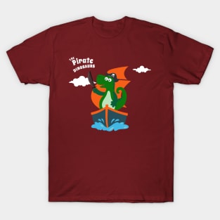 Vector illustration of dinosaur pirate on a ship at the sea T-Shirt